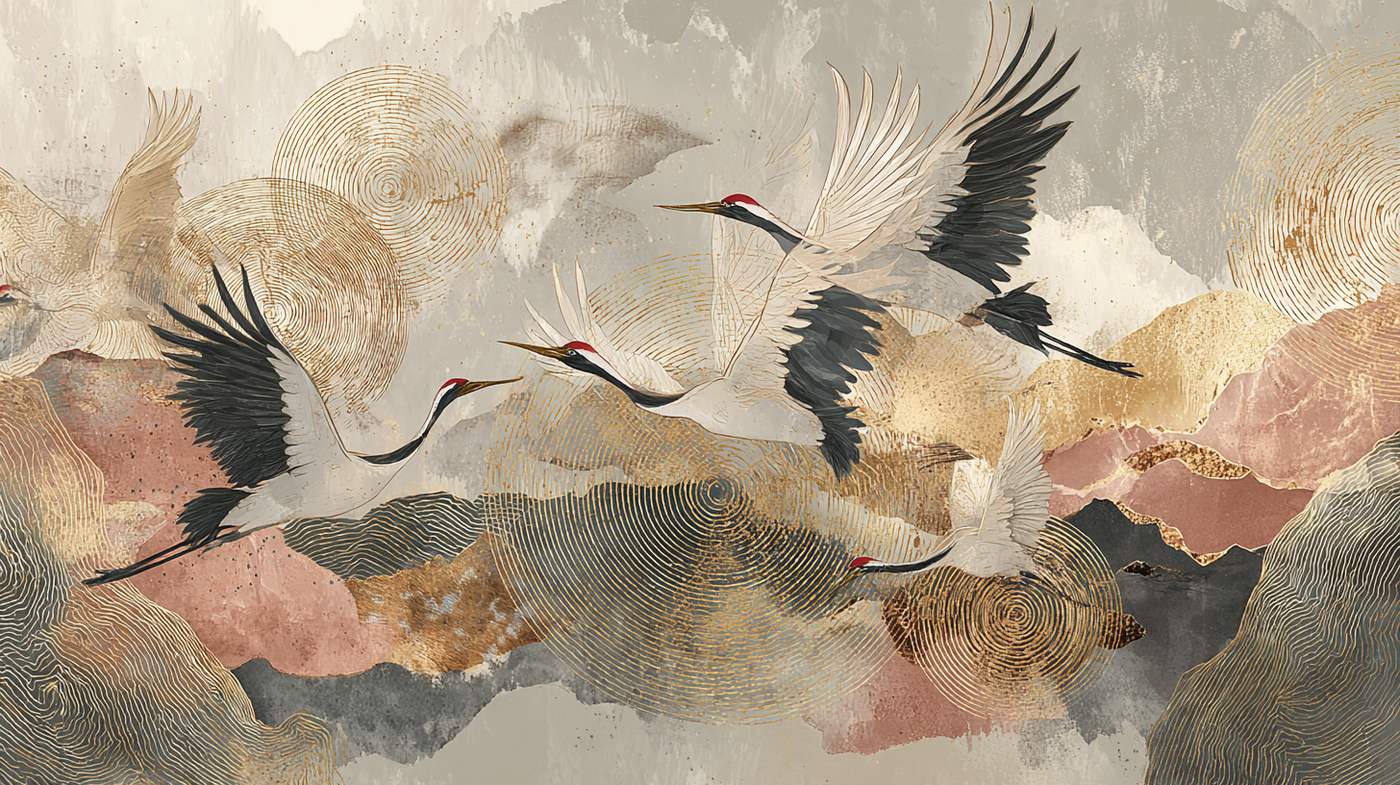 Golden Crane Panorama Wall Mural - image 1